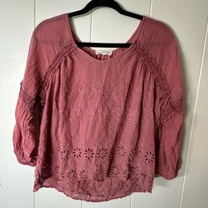Lucky Brand Mauve Pink Embroidered Eyelet Peasant Blouse Top M